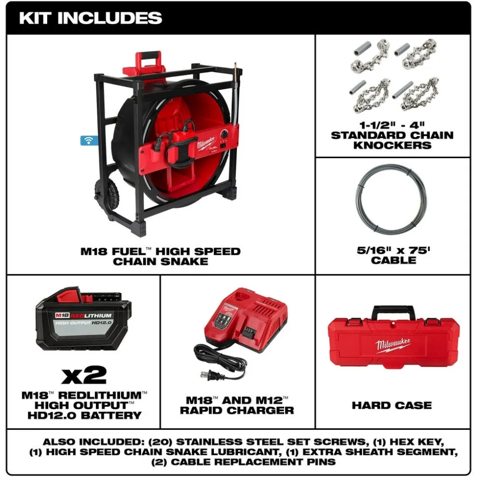 Milwaukee M18 FUEL High Speed Chain Snake Kit for 1-1/2" - 4" Pipes 2819-22