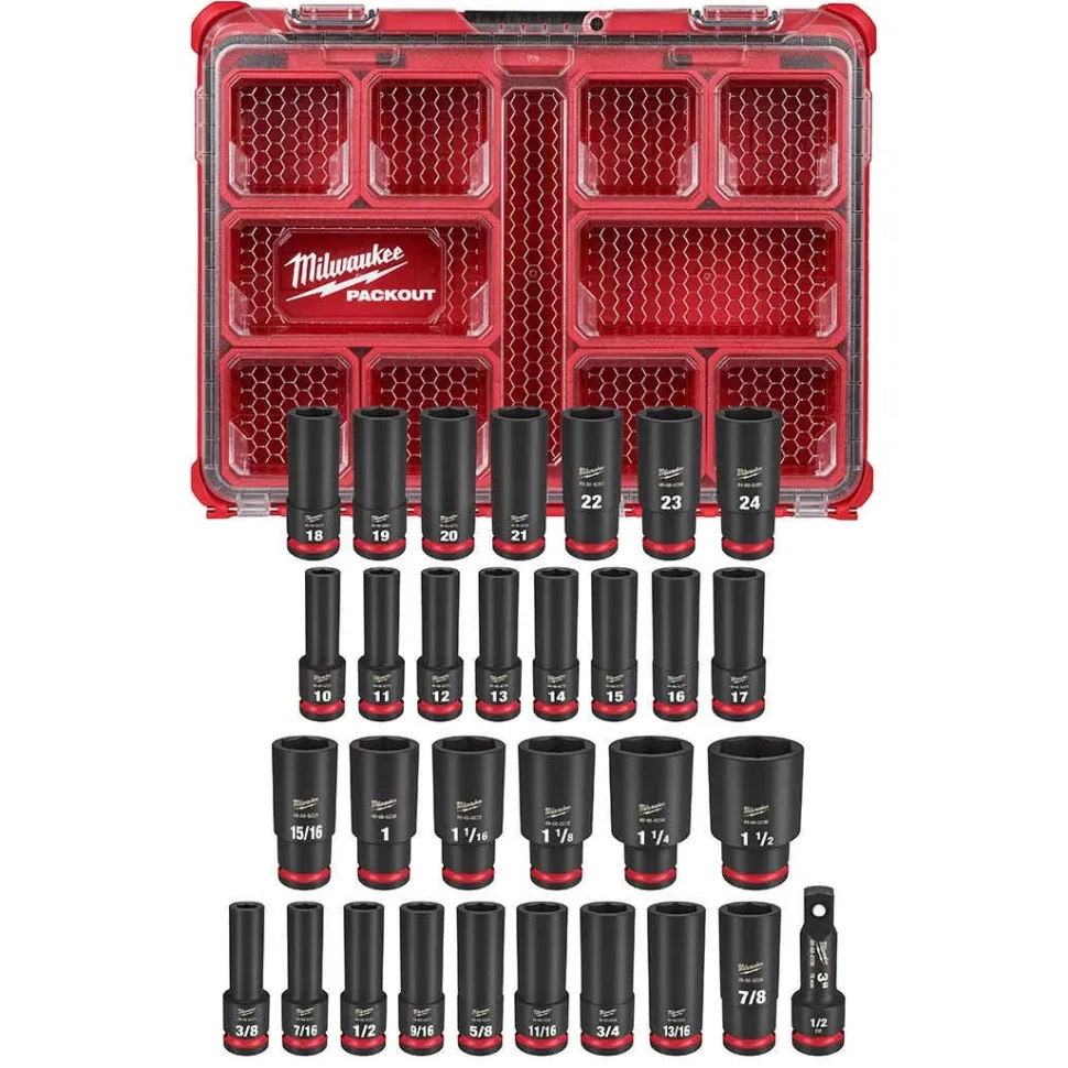 Milwaukee M18 FUEL High Torque Impact Wrench 1/2" Pin Detent ONE-KEY Kit + 31pc. Impact Duty Metric/SAE PACKOUT Deep Socket Set Bundle KIT-2862-22R-49-66-6806