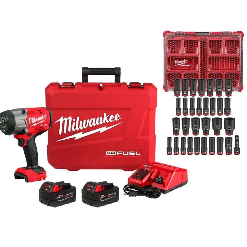 Milwaukee M18 FUEL 1/2" High Torque Impact Wrench Friction Ring Kit + XC5.0 Oil Resistant Battery Bundle KIT-2967-22-48-11-1850R