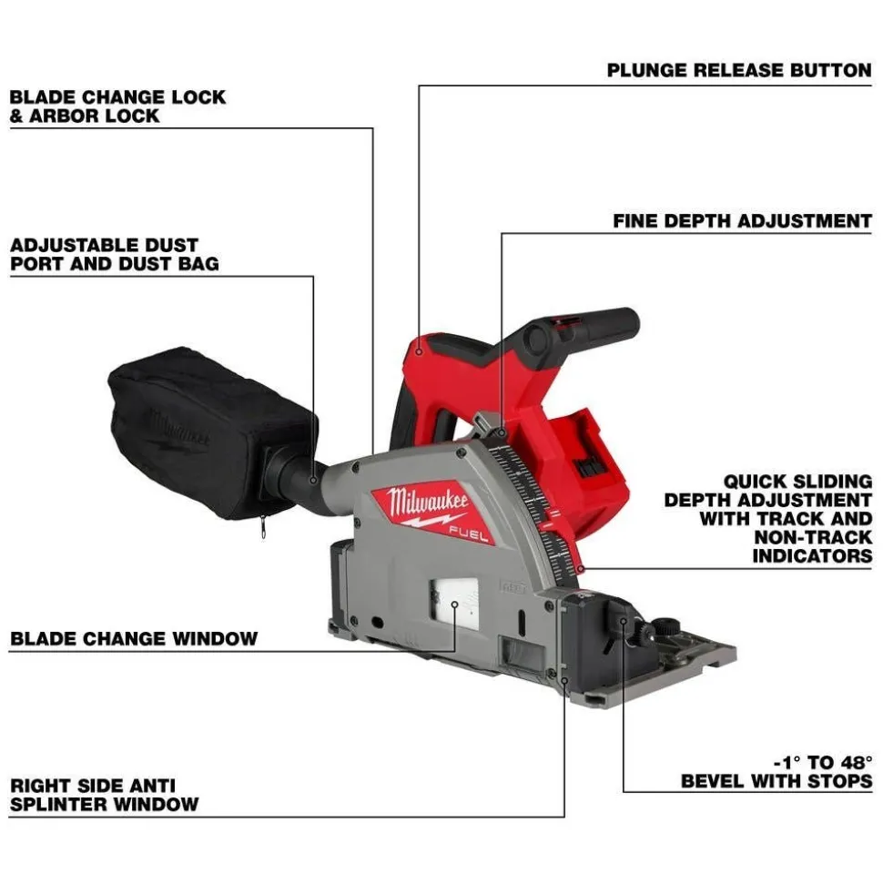 Milwaukee M18 FUEL 6-1/2" Plunge Track Saw & Guide Rail Clamps & 31" Guide Rail