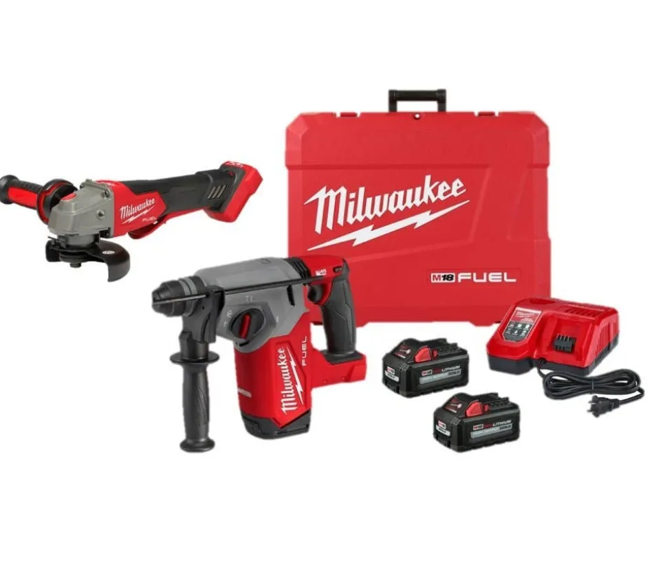 Milwaukee M18 FUEL 1" SDS Plus Rotary Hammer Kit & M18 FUEL 4-1/2" / 5" Variable Speed Braking Grinder, Paddle Switch No-Lock