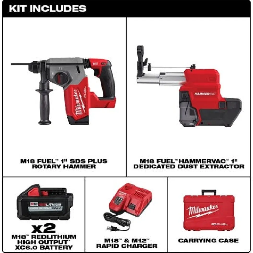 Milwaukee M18 FUEL 1" SDS Plus Rotary Hammer Dust Extractor Kit 2912-22DE