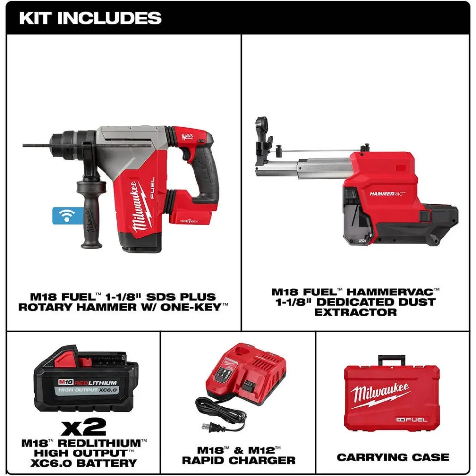 Milwaukee M18 FUEL 1-1/8" SDS Plus Rotary Hammer w/ ONE-KEY & HAMMERVAC Dedicated Dust Extractor XC6.0Ah Kit 2915-22DE