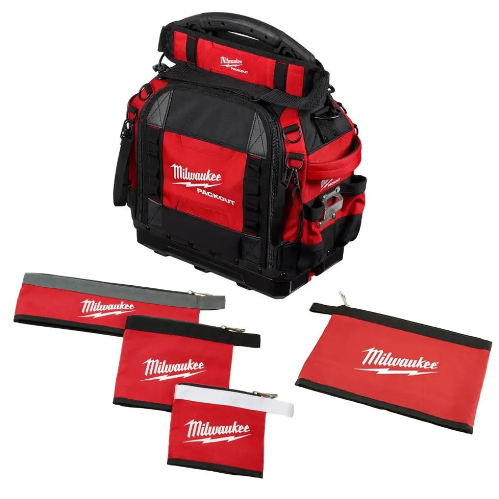 Milwaukee PACKOUT 15" Structured Bag, 3pc. Multi-Size Pouches, & Zippered Pouch Bundle