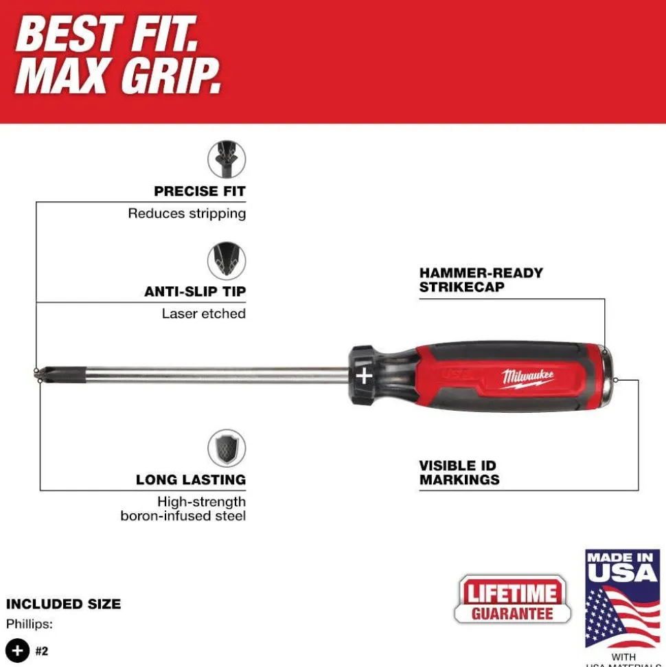Milwaukee #2 Phillips 6" Cushion Grip Demolition Screwdriver (USA) MT205