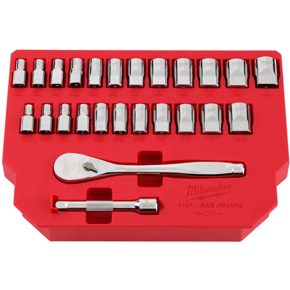 Milwaukee 25 Piece 1/4" Drive Metric & SAE Ratchet and Socket Set w/ FOUR FLAT SIDES 48-22-9044