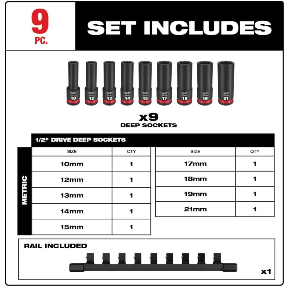 Milwaukee 9 Piece SHOCKWAVE Impact Duty 1/2" Drive Metric Deep 6 Point Socket Set 49-66-7032