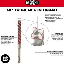 Milwaukee SDS-Plus 1/2" x 10" x 12" MX4 4-Cutter Rotary Hammer Drill Bit 48-20-7374