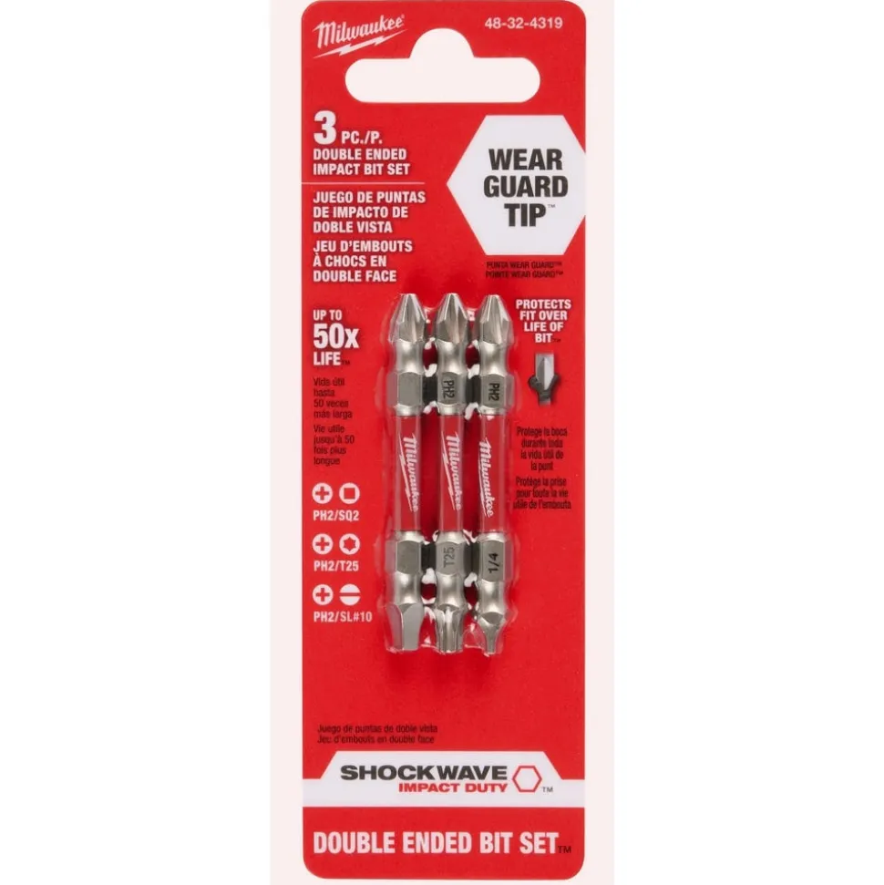 Milwaukee SHOCKWAVE Impact Duty PH2/SQ2/T25 Double Ended Bits 3 Piece 48-32-4319