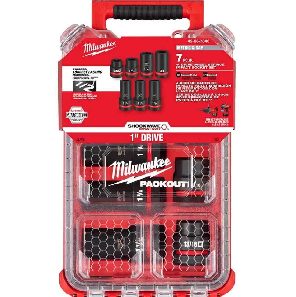 Milwaukee SHOCKWAVE Impact Duty 1" Drive 7PC MM & SAE Wheel Service Socket PACKOUT Set 49-66-7840