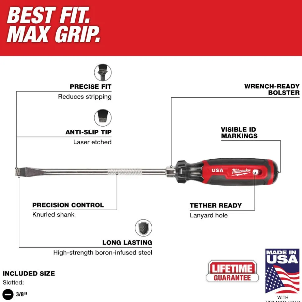 Milwaukee 3/8" Slotted 8" Cushion Grip Screwdriver (USA) MT209