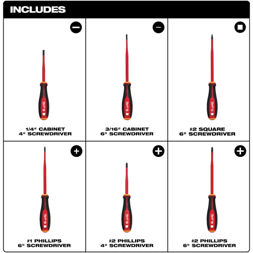 Milwaukee Tool 6 Piece 1000V Insulated Slim Tip Screwdriver Set 48-22-2206