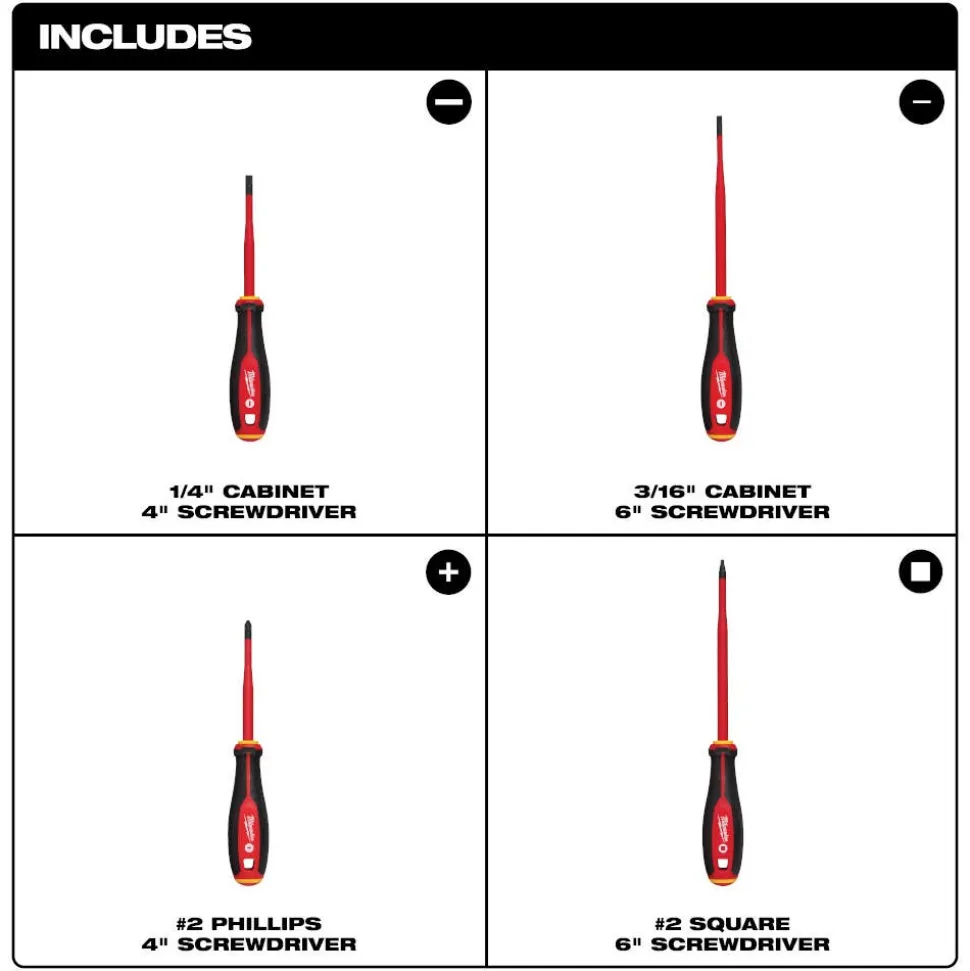 Milwaukee Tool 4 Piece 1000V Insulated Slim Tip Screwdriver Set 48-22-2219