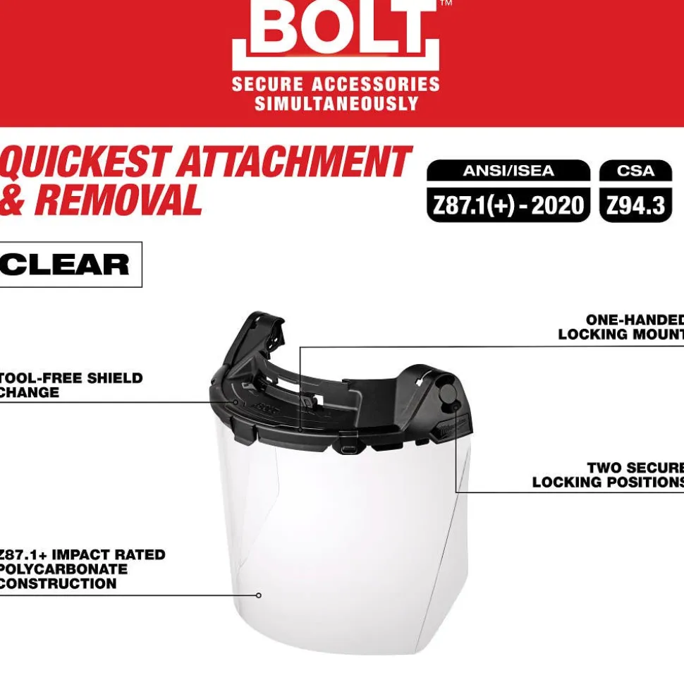 Milwaukee Tools BOLT Task Full Face Shield - Clear Uncoated Lens (Compatible with Milwaukee BOLT Safety Helmets & BOLT Hard Hats) 48-73-1460