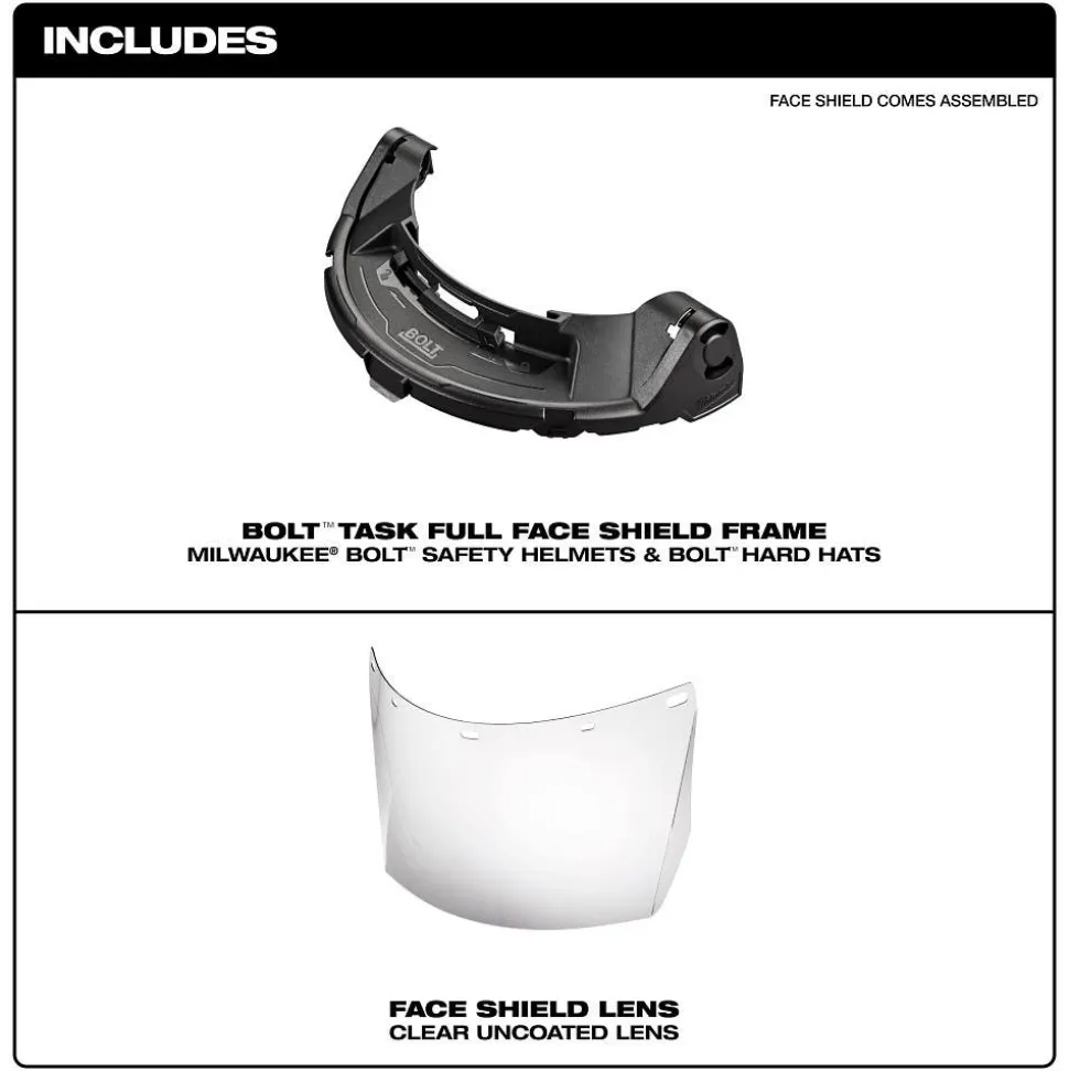 Milwaukee Tools BOLT Task Full Face Shield - Clear Uncoated Lens (Compatible with Milwaukee BOLT Safety Helmets & BOLT Hard Hats) 48-73-1460