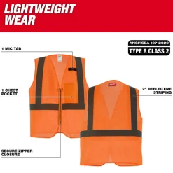 Milwaukee Tools Class 2 High Visibility Mesh One Pocket ANSI Safety Vest Hi-Vis Orange 48-73-224O