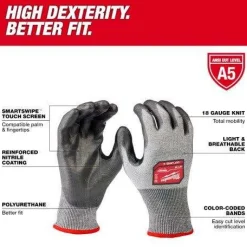Milwaukee Tools Cut Level 5 High Dexterity Polyurethane Dipped Gloves 48-73-875