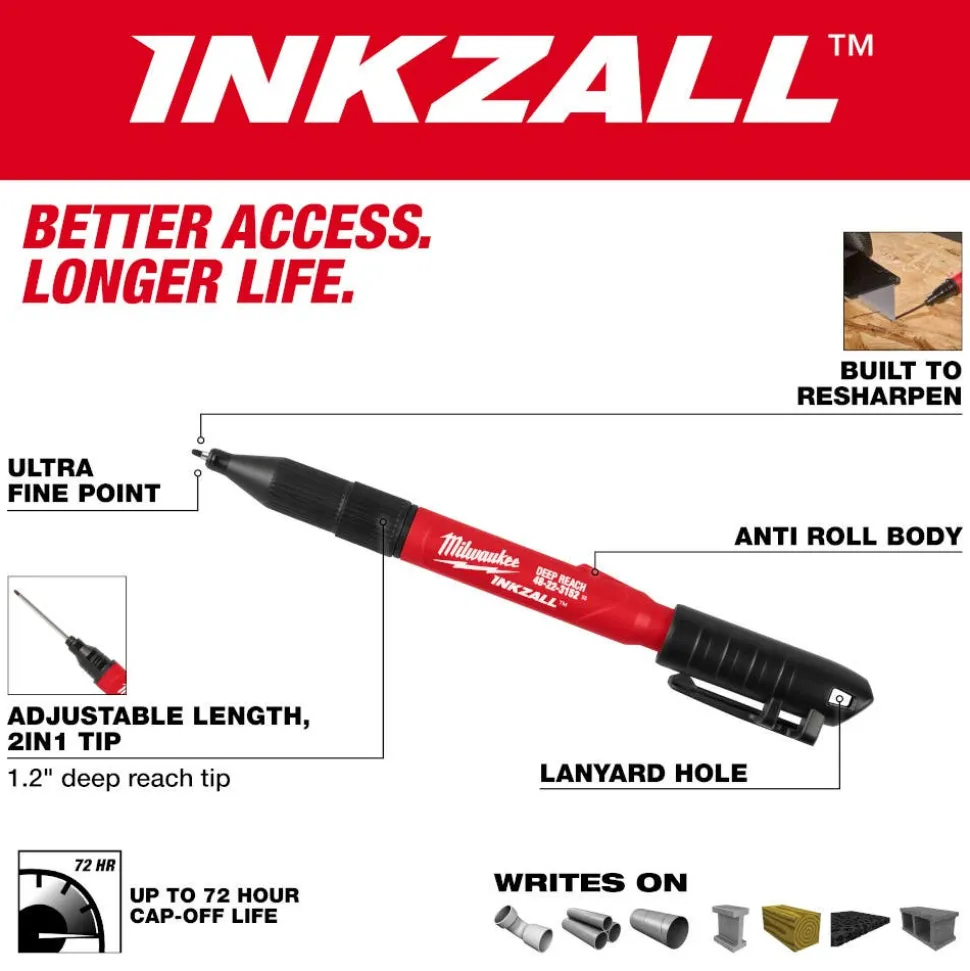 Milwaukee Tools INKZALL™ 2IN1 Deep Reach Ultra Fine Point Black Jobsite Marker 48-22-3152