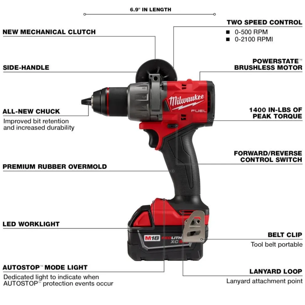 Milwaukee Tools M18 FUEL 1/2" Drill/Driver Kit and M18 Red Lithium 5.0 Ah XC Battery 2 PACK KIT-2903-22-48-11-1852