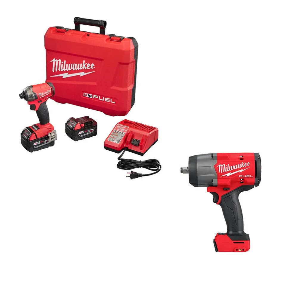 Milwaukee Tools M18 FUEL 1/2" Hammer Drill/Driver Kit and M18 FUEL 1/2" High Torque Impact Wrench w/ Friction Ring KIT-2904-22-2967-20