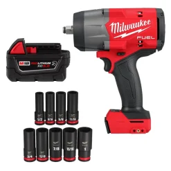 Milwaukee Tools M18 FUEL 1/2" High Torque Impact Wrench w/ Friction Ring (Bare Tool), M18 REDLITHIUM XC5.0 Resistant Battery, and 9 Piece Shockwave Impact Duty 1/2" Drive SAE Deep 6 Point Socket Set KIT-2967-20-48-11-1850R-49-66-7022