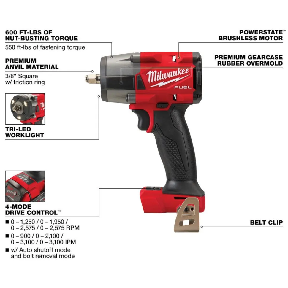 Milwaukee Tools M18 FUEL 3/8" Mid-Torque Impact Wrench w/ Friction Ring (Bare Tool), M18 REDLITHIUM XC5.0 Resistant Battery, and 8 Piece Shockwave Impact Duty 3/8" Drive SAE Deep 6 Point Socket Set KIT-2960-20-48-11-1850R-49-66-7024
