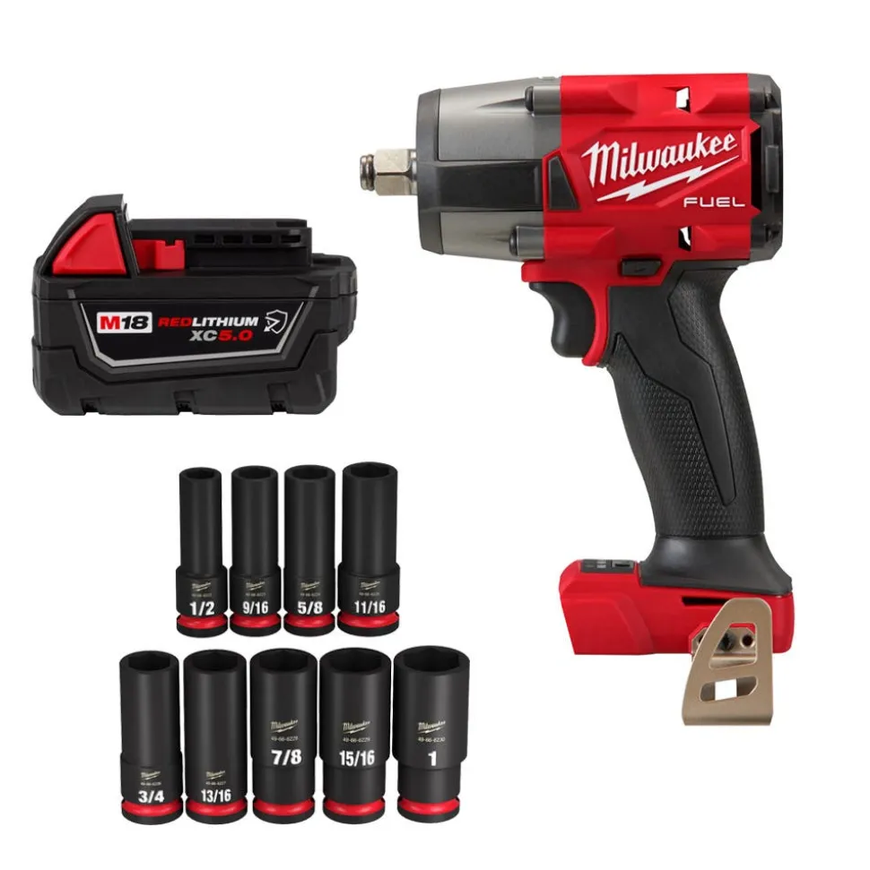 Milwaukee Tools M18 FUEL 1/2" Mid-Torque Impact Wrench w/ Pin Detent (Bare Tool), M18 REDLITHIUM XC5.0 Resistant Battery, and 9 Piece Shockwave Impact Duty 1/2" Drive SAE Deep 6 Point Socket Set KIT-2962P-20-48-11-1850R-49-66-7022