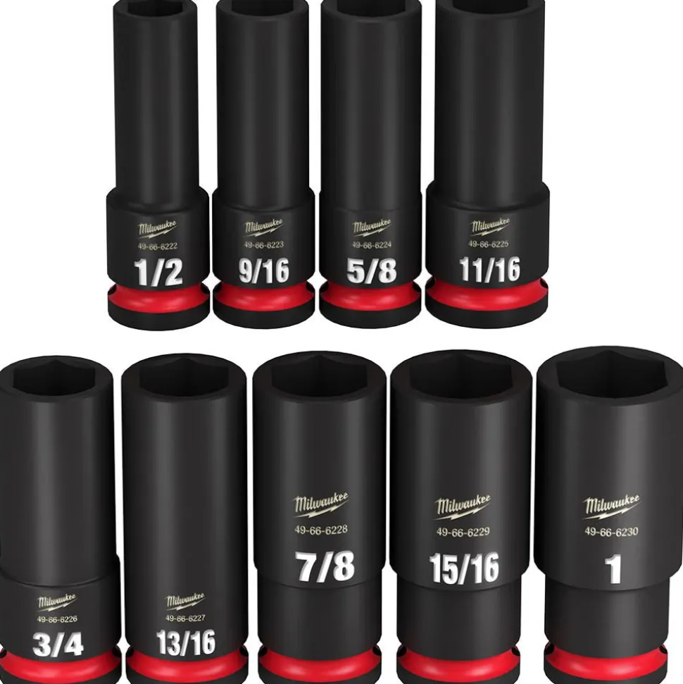 Milwaukee Tools M18 FUEL 1/2" Mid-Torque Impact Wrench w/ Pin Detent (Bare Tool), M18 REDLITHIUM XC5.0 Resistant Battery, and 9 Piece Shockwave Impact Duty 1/2" Drive SAE Deep 6 Point Socket Set KIT-2962P-20-48-11-1850R-49-66-7022