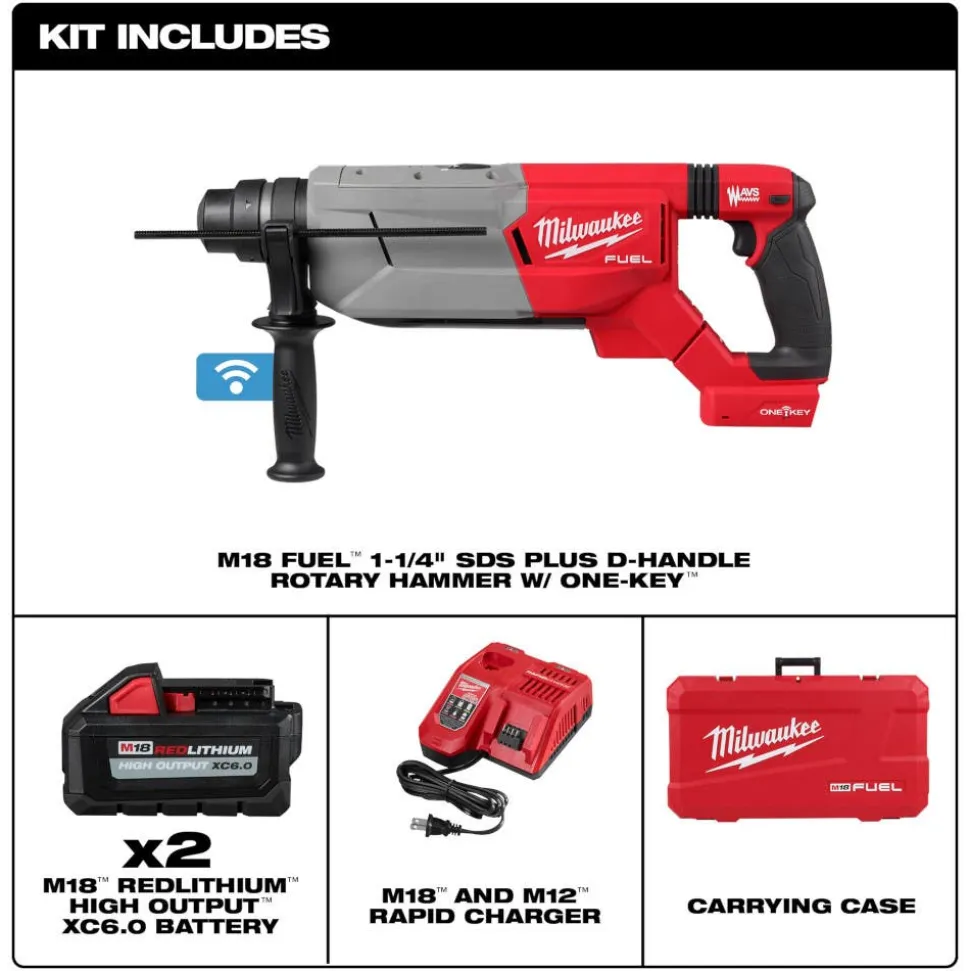 Milwaukee Tools M18 FUEL 1-1/4" SDS Plus D-Handle Rotary Hammer Kit w/ ONE-KEY, M18 FUEL 5" Angle Grinder Paddle Switch, No-Lock (Tool Only), and SDS-Plus MX4 4-Cutter Rotary Hammer Drill Bits - 6pc Kit KIT-2916-22-2880-20-48-20-7499
