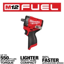 Milwaukee Tools M12 FUEL Stubby 1/2" Impact Wrench 550 Ft-Lbs (Bare Tool) 2563-20