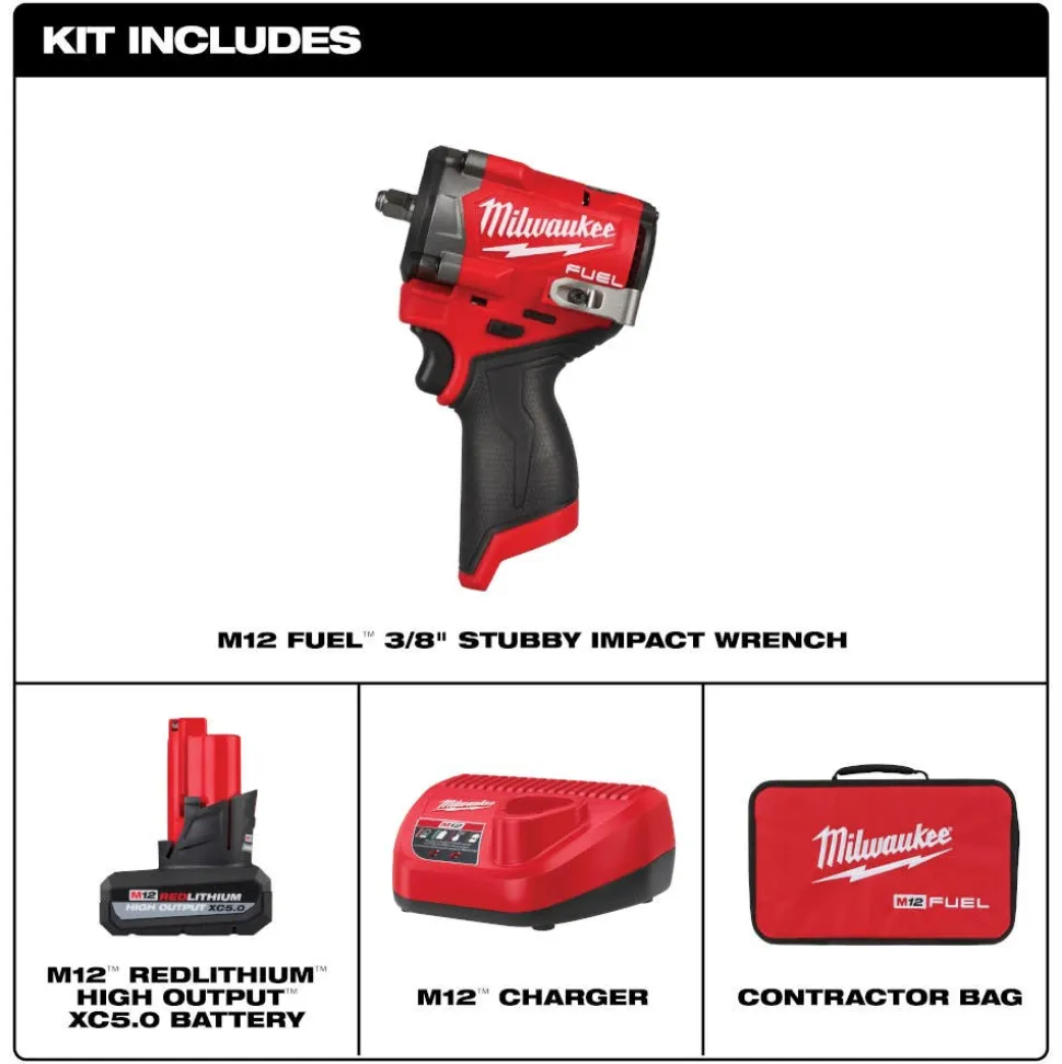 Milwaukee Tools M12 FUEL Stubby 3/8" Impact Wrench 550 Ft-Lbs Kit 2562-21