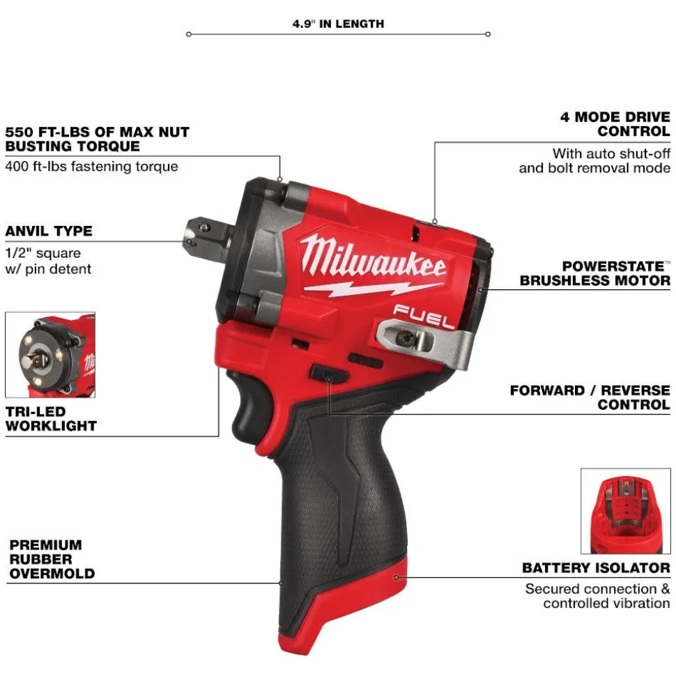 Milwaukee Tools M12 FUEL Stubby 1/2" Impact Wrench w/ Pin Detent 2563P-20