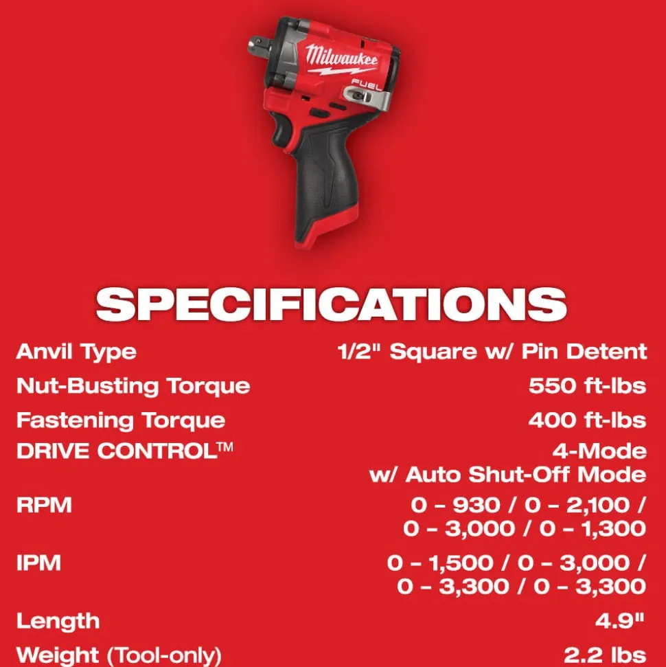Milwaukee Tools M12 FUEL Stubby 1/2" Impact Wrench w/ Pin Detent 2563P-20