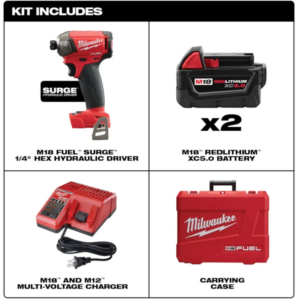 Milwaukee Tools M18 FUEL SURGE 1/4" Hex Hydraulic Driver (5.0Ah) Kit and M18 FUEL Hackzall Reciprocating Saw (Bare Tool) KIT-2760-22-2719-20