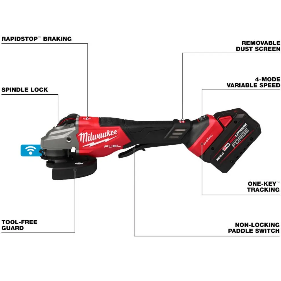 Milwaukee Tools M18 FUEL 4-1/2"-6" Variable Speed Braking Grinder, Paddle Switch w/ ONE-KEY Kit 3672-22