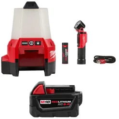 Milwaukee Tools M18 RADIUS LED Compact Site Light 2200 Lumens 2144-20 (BARE TOOL), REDLITHIUM USB Rechargeable 500 Lumen Pivoting Flashlight (3.0Ah) Kit, and M18 Red Lithium 5.0 Ah XC Battery KIT-2144-20-2113-21-48-11-1850