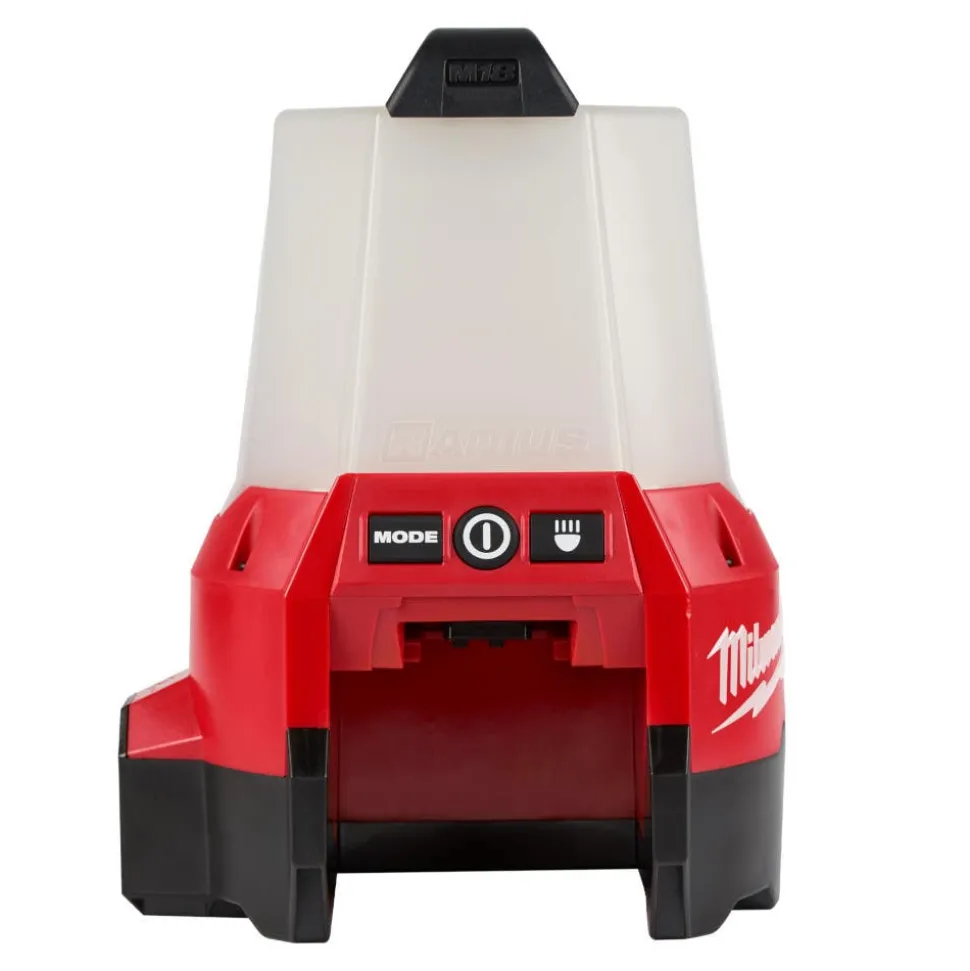 Milwaukee Tools M18 RADIUS LED Compact Site Light 2200 Lumens 2144-20 (BARE TOOL), REDLITHIUM USB Rechargeable 500 Lumen Pivoting Flashlight (3.0Ah) Kit, and M18 Red Lithium 5.0 Ah XC Battery KIT-2144-20-2113-21-48-11-1850