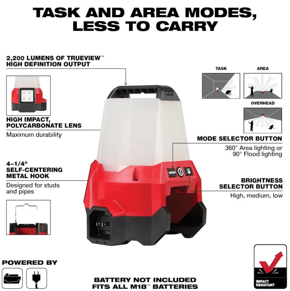 Milwaukee Tools M18 RADIUS LED Compact Site Light 2200 Lumens 2144-20 (BARE TOOL), REDLITHIUM USB Rechargeable 500 Lumen Pivoting Flashlight (3.0Ah) Kit, and M18 Red Lithium 5.0 Ah XC Battery KIT-2144-20-2113-21-48-11-1850