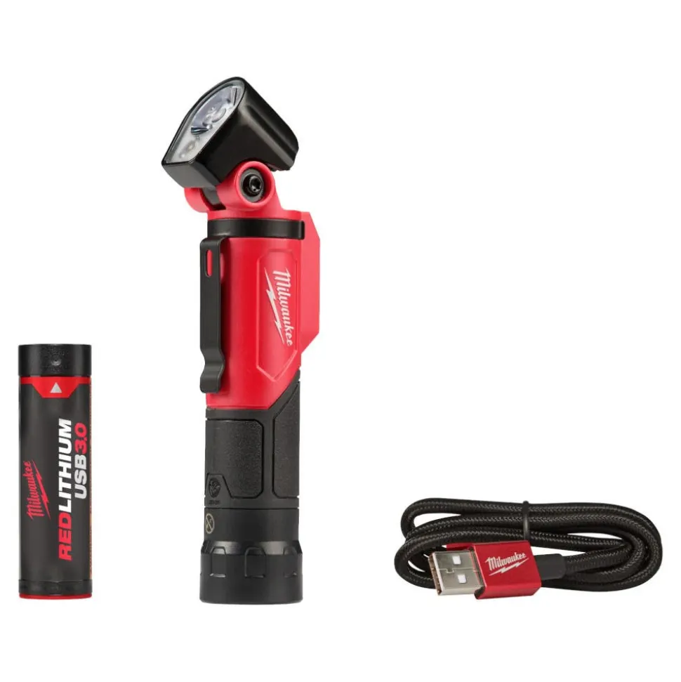 Milwaukee Tools M18 RADIUS LED Compact Site Light 2200 Lumens 2144-20 (BARE TOOL), REDLITHIUM USB Rechargeable 500 Lumen Pivoting Flashlight (3.0Ah) Kit, and M18 Red Lithium 5.0 Ah XC Battery KIT-2144-20-2113-21-48-11-1850