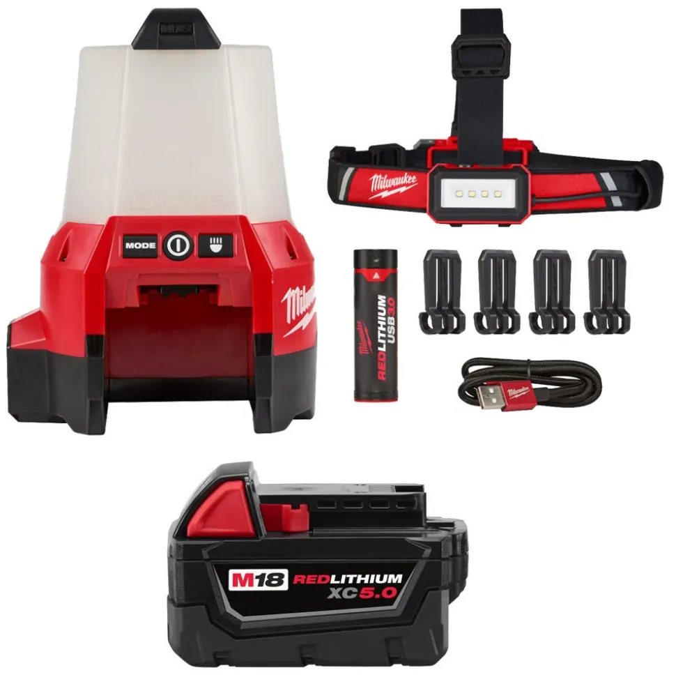 Milwaukee Tools M18 RADIUS LED Compact Site Light 2200 Lumens 2144-20 (BARE TOOL), Milwaukee RedLithium USB 600 Lumen Low-Profile Headlamp (3.0Ah) Kit , and M18 Red Lithium 5.0 Ah XC Battery KIT-2144-20-2115-21-48-11-1850