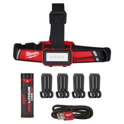 Milwaukee Tools M18 RADIUS LED Compact Site Light 2200 Lumens 2144-20 (BARE TOOL), Milwaukee RedLithium USB 600 Lumen Low-Profile Headlamp (3.0Ah) Kit , and M18 Red Lithium 5.0 Ah XC Battery KIT-2144-20-2115-21-48-11-1850