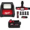 Milwaukee Tools M18 Rover Dual Power 4,000 Lumen Flood Light (Bare Tool), REDLITHIUM USB Rechargeable 500 Lumen Pivoting Flashlight (3.0Ah) Kit, and M18 Red Lithium 5.0 Ah XC Battery KIT-2366-20-2113-21-48-11-1850