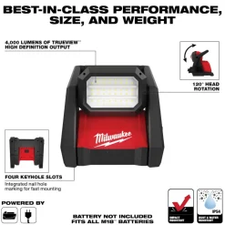 Milwaukee Tools M18 Rover Dual Power 4,000 Lumen Flood Light (Bare Tool), REDLITHIUM USB Rechargeable 500 Lumen Pivoting Flashlight (3.0Ah) Kit, and M18 Red Lithium 5.0 Ah XC Battery KIT-2366-20-2113-21-48-11-1850