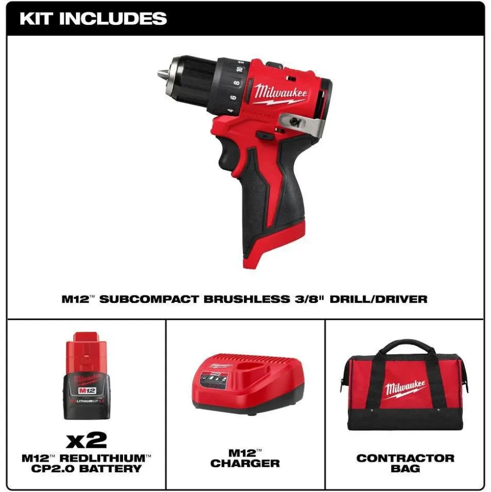 Milwaukee Tools M12 Subcompact Brushless 3/8" Drill/Driver Kit 3401-22