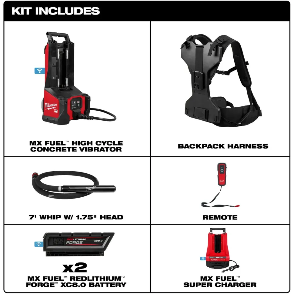 Milwaukee Tools MX FUEL Backpack High Cycle Concrete Vibrator Kit w/ 7' Whip / 1.75" Head MXF372-2XCB