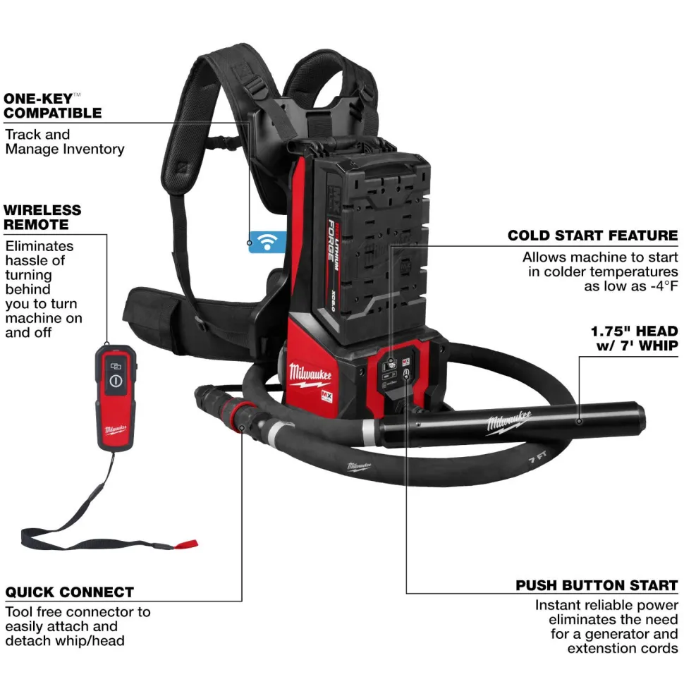 Milwaukee Tools MX FUEL Backpack High Cycle Concrete Vibrator Kit w/ 7' Whip / 1.75" Head MXF372-2XCB