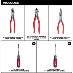 Milwaukee Tools 5PC Dipped Grip Cutting Pliers & Cushion Grip Screwdrivers Set (USA) MT500-5