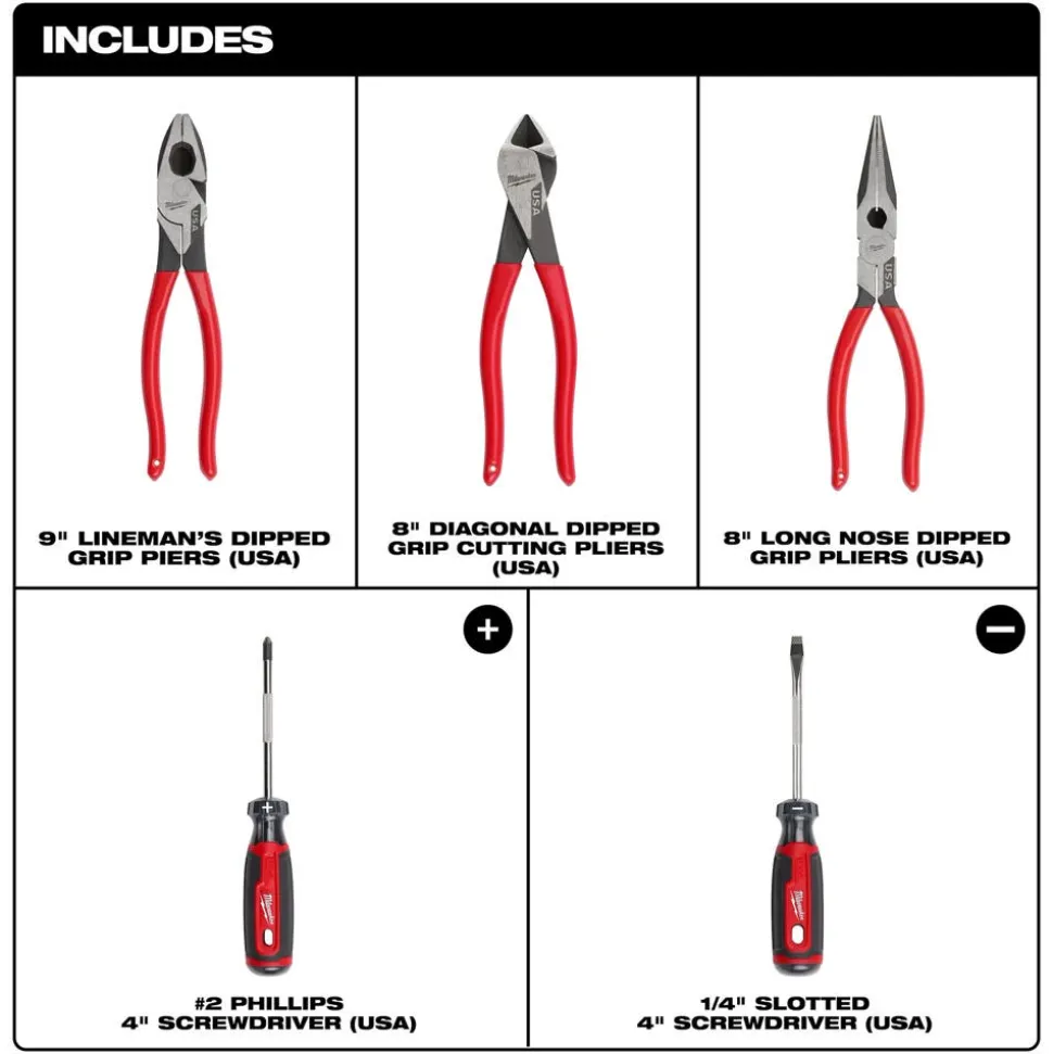 Milwaukee Tools 5PC Dipped Grip Cutting Pliers & Cushion Grip Screwdrivers Set (USA) MT500-5