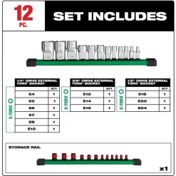 Milwaukee Tools 12pc 1/4”, 3/8”, & 1/2” Drive External TORX® Socket Set 48-22-9570