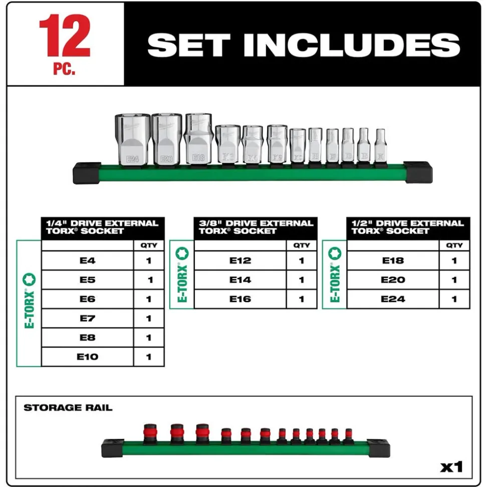 Milwaukee Tools 12pc 1/4”, 3/8”, & 1/2” Drive External TORX® Socket Set 48-22-9570